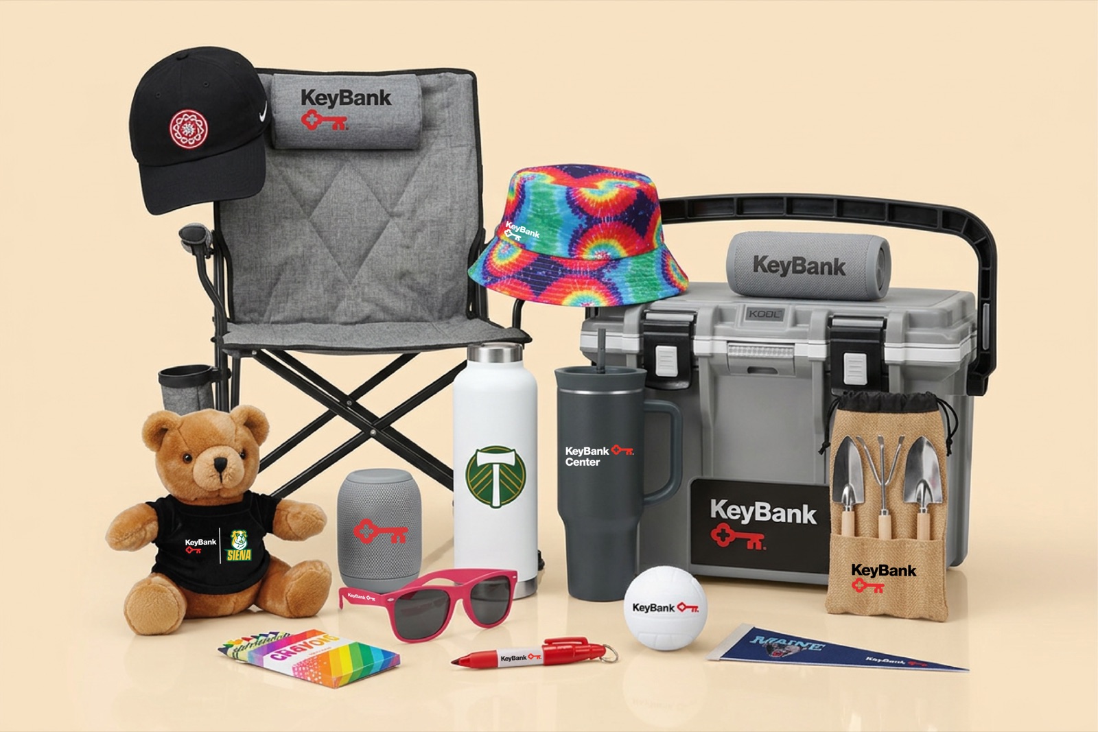 A set of branded merchandise laid out together, produced to one consistent standard across multiple events.